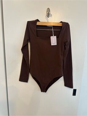 NWT Mangopop Square Neck Long Sleeve Bodysuit - Chocolate Brown
